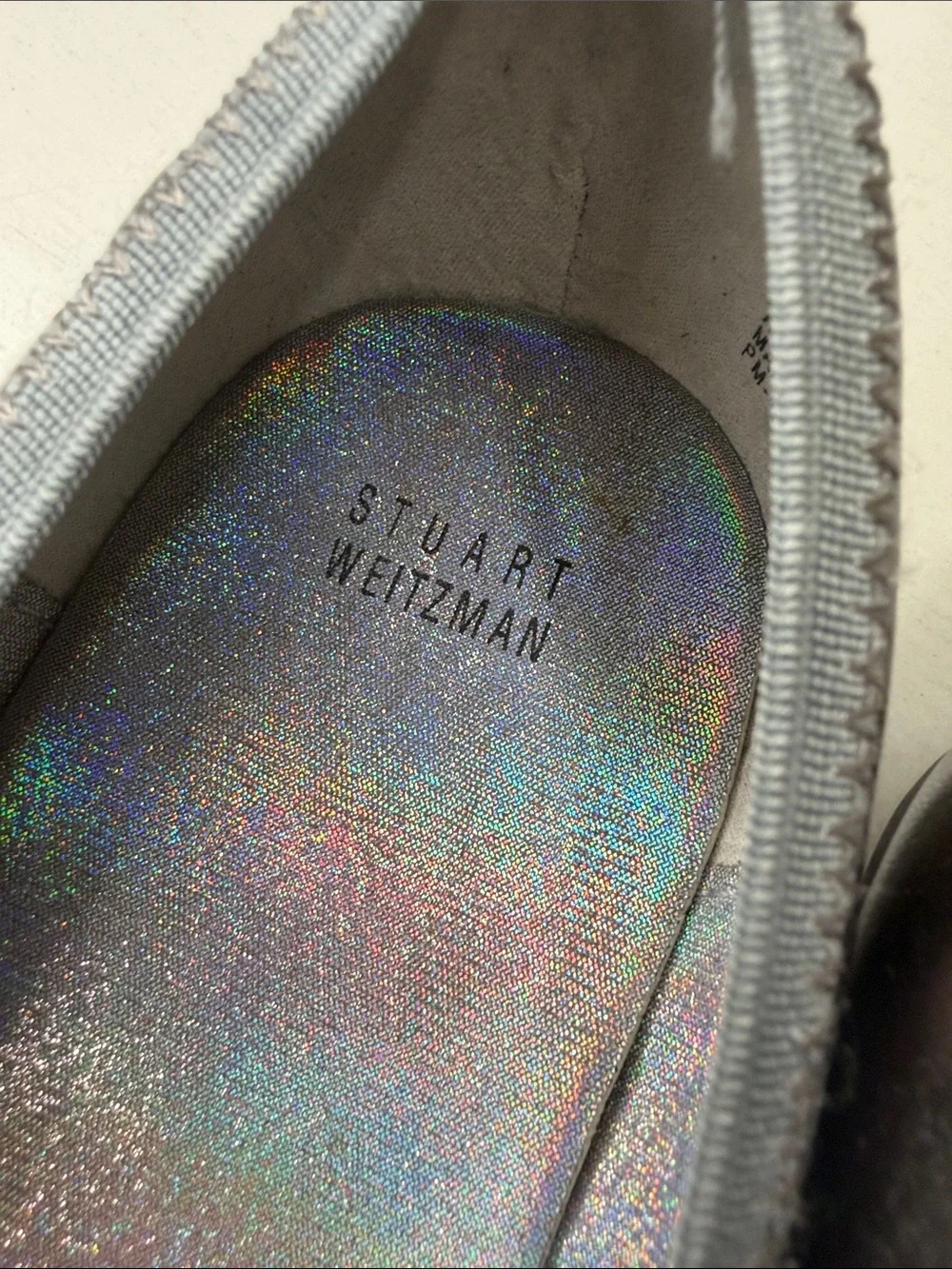Stuart Weitzman Metallic Silver Jeweled Girl Bow Ballet Flats (Never worn)